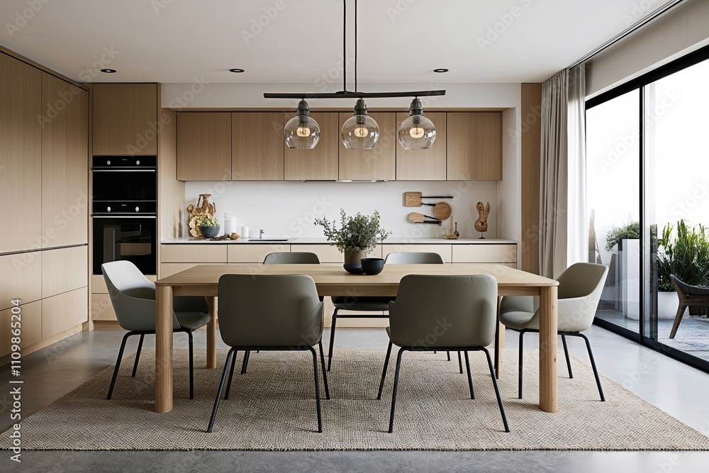 Stylish Modern Kitchen Diner Featuring Minimalist Design and Cozy Furniture