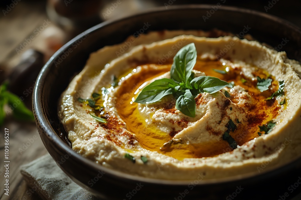 Creamy hummus topped with olive oil and herbs in a rustic bowl. Creamy hummus topped with olive oil and herbs in a rustic bowl.