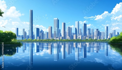 Modern city skyline with skyscrapers and lake reflection, in the style of Chinese landscape painting, featuring clear water, high-rise buildings in the distance, blue sky