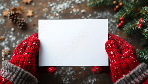 Two hands in knit gloves or mittens holding a blank white card 5x7 A2 A7 greeting card for christmas or winter holiday envelope stationery for graphic design mockup
