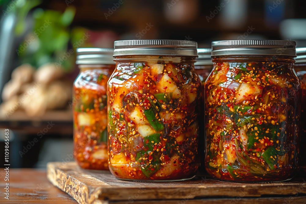Glass jars with Kimchi on wooden surface. Glass jars with Kimchi on wooden surface.