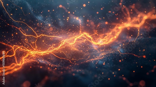 Abstract fiery energy streaks and particles on dark background.