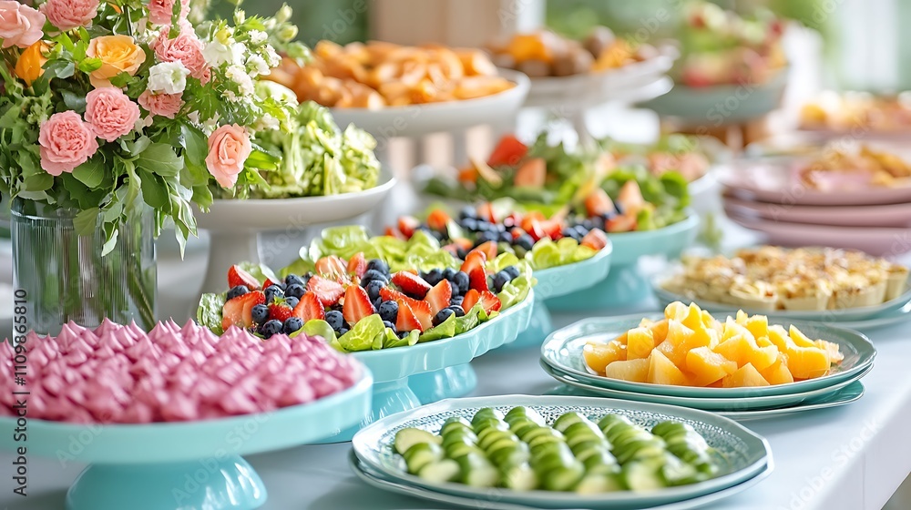 A spring-inspired food table featuring fresh salads, vibrant fruits, and light appetizers with pastel-colored plates and decorations A spring-inspired food table featuring fresh salads, vibrant fruits, and light appetizers with pastel-colored plates and decorations