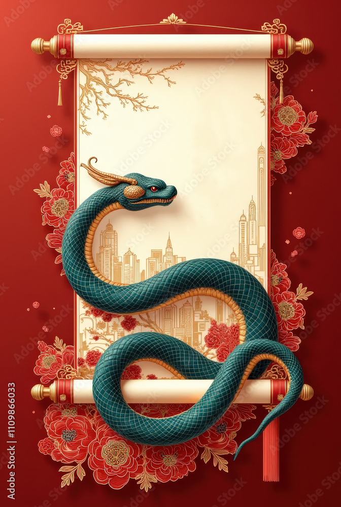 Detailed Chinese snake artwork within a red floral-decorated frame for cultural celebration. Detailed Chinese snake artwork within a red floral-decorated frame for cultural celebration.