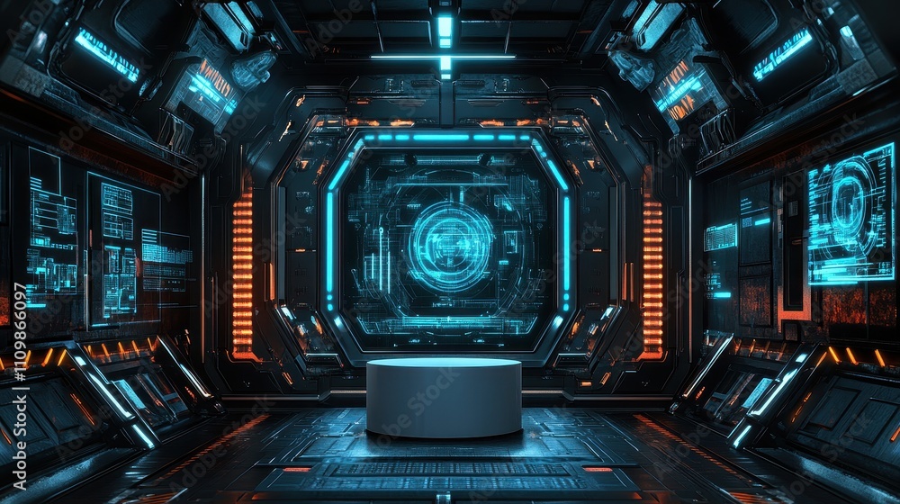 Futuristic Spaceship Interior With Central Display And Platform Futuristic Spaceship Interior With Central Display And Platform