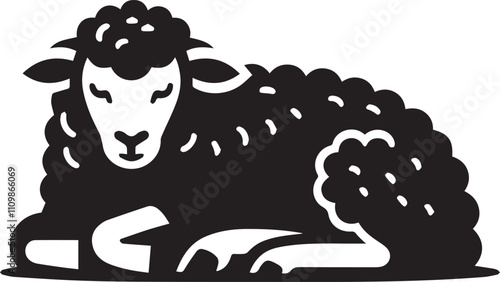 A sheep lying down with its legs tucked in appearing sleepy vector silhouette