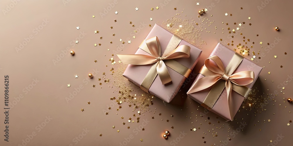 Elegant blush pink gift boxes adorned with gold ribbons and scattered amongst golden stars and beads on a neutral backdrop. Elegant blush pink gift boxes adorned with gold ribbons and scattered amongst golden stars and beads on a neutral backdrop.