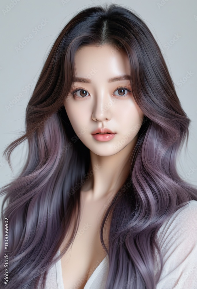 Fototapeta premium Closeup portrait of a K-pop idol with long, wavy, purple ombre hair. Her skin is flawless, makeup minimal, showcasing natural beauty and hairstyle