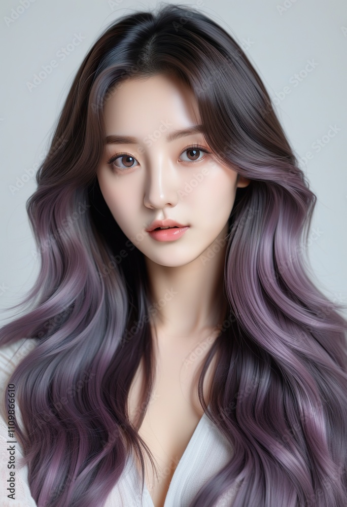 Closeup portrait of a K-pop idol with long, wavy, purple ombre hair. Her skin is flawless, makeup minimal, showcasing natural beauty and hairstyle Closeup portrait of a K-pop idol with long, wavy, purple ombre hair. Her skin is flawless, makeup minimal, showcasing natural beauty and hairstyle