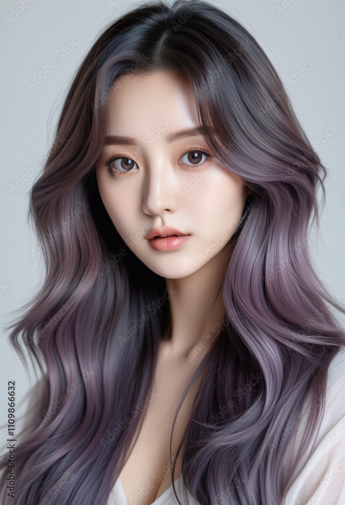 Closeup portrait of a K-pop idol with long, wavy, purple ombre hair. Her skin is flawless, makeup minimal, showcasing natural beauty and hairstyle Closeup portrait of a K-pop idol with long, wavy, purple ombre hair. Her skin is flawless, makeup minimal, showcasing natural beauty and hairstyle