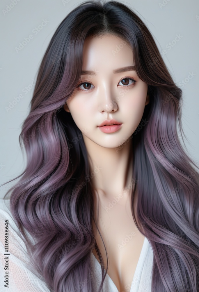 Closeup portrait of a K-pop idol with long, wavy, purple ombre hair. Her skin is flawless, makeup minimal, showcasing natural beauty and hairstyle Closeup portrait of a K-pop idol with long, wavy, purple ombre hair. Her skin is flawless, makeup minimal, showcasing natural beauty and hairstyle