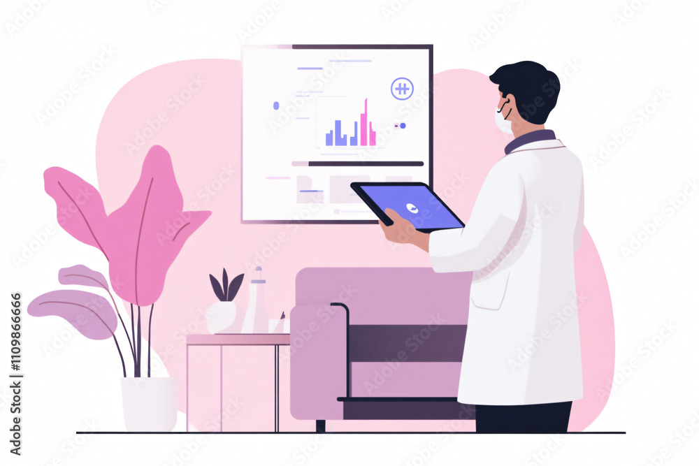 doctor in white coat uses tablet to analyze patient data in modern office. room features pink plant and chart on wall, creating professional atmosphere doctor in white coat uses tablet to analyze patient data in modern office. room features pink plant and chart on wall, creating professional atmosphere