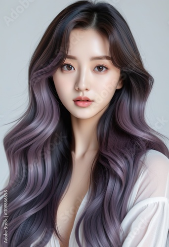 Closeup portrait of a K-pop idol with long, wavy, purple ombre hair. Her skin is flawless, makeup minimal, showcasing natural beauty and hairstyle