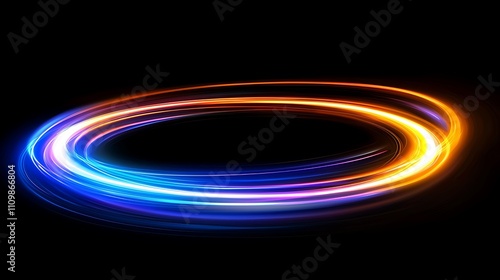 Abstract glowing circular light streaks with orange, blue, and purple colors on a black background.