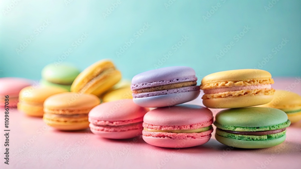 Delightful pastel-colored macarons arranged on a pink surface against a soft teal background Delightful pastel-colored macarons arranged on a pink surface against a soft teal background