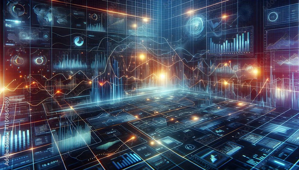Fototapeta premium AI A futuristic data grid with glowing financial metrics and dynamic trend lines symbolizing market performance