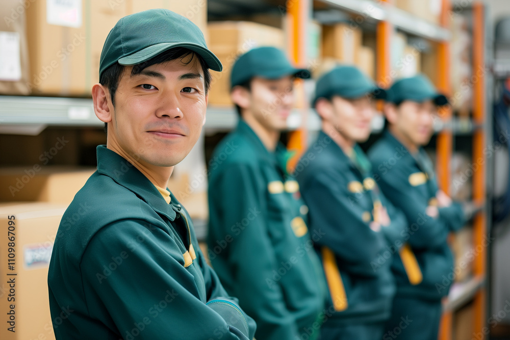 Photography of a Japan team of workers from a transport agency at their workplace. Photography of a Japan team of workers from a transport agency at their workplace.