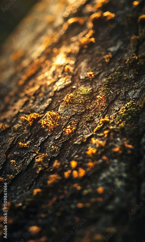 Textured Tree Bark with Golden Light and Moss in Nature Scene Textured Tree Bark with Golden Light and Moss in Nature Scene
