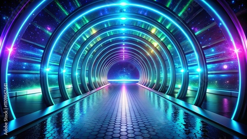 Futuristic Neon Tunnel with Cosmic Background and Reflective Floor