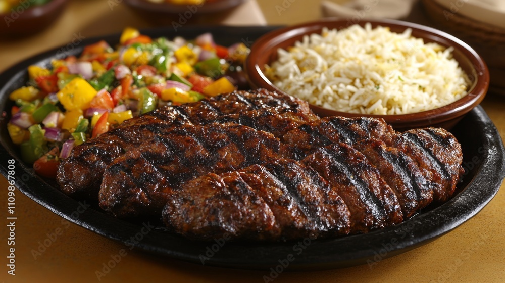 Grilled Steak with Vegetables and Rice on Rustic Plate Grilled Steak with Vegetables and Rice on Rustic Plate