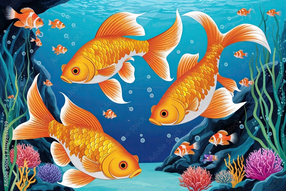 Fototapeta premium Lively Goldfish Performing at an Underwater Party Artwork