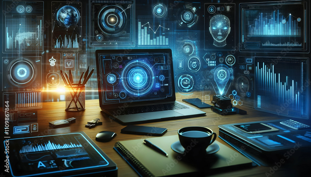 AI A dark, tech-driven workspace with glowing AI-powered analytics interfaces AI A dark, tech-driven workspace with glowing AI-powered analytics interfaces
