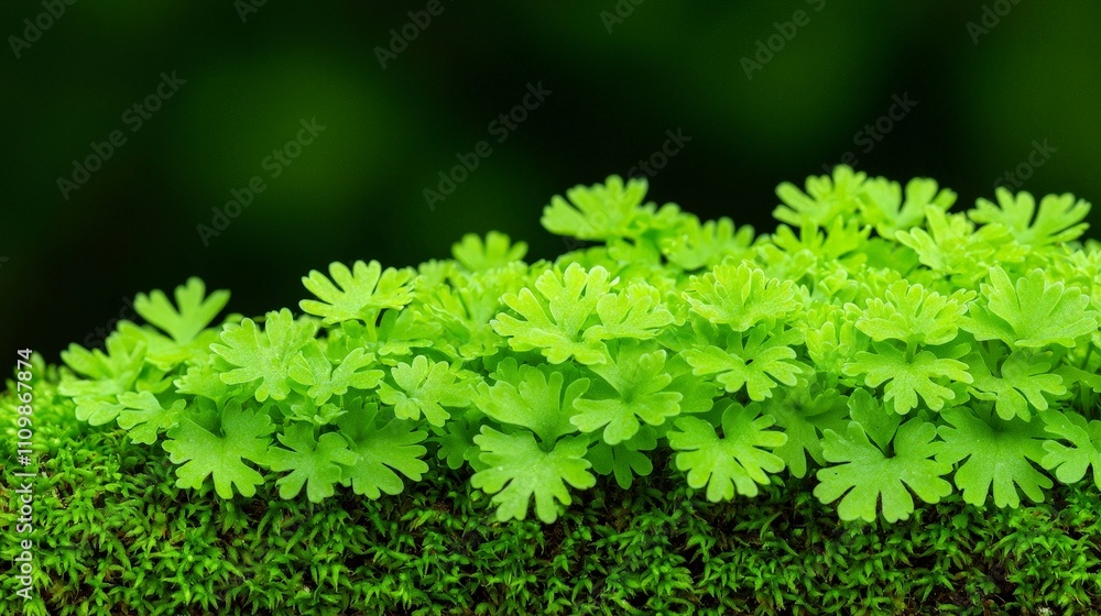 Lush green moss and vibrant fern cluster on dark background. Lush green moss and vibrant fern cluster on dark background.