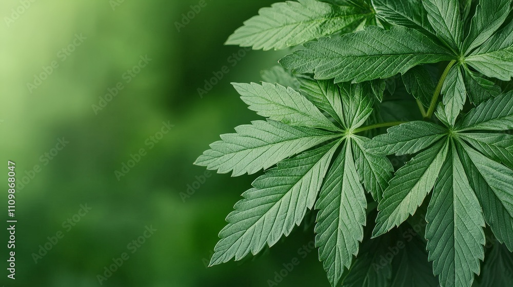 Lush green cannabis leaves close-up, blurred background. Lush green cannabis leaves close-up, blurred background.
