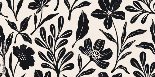 Leaves branch and Hand Drawn doodle Scribble floral plants banner, seamless pattern. Creative minimalist Abstract art background. Design wall decoration, postcard, poster and brochure