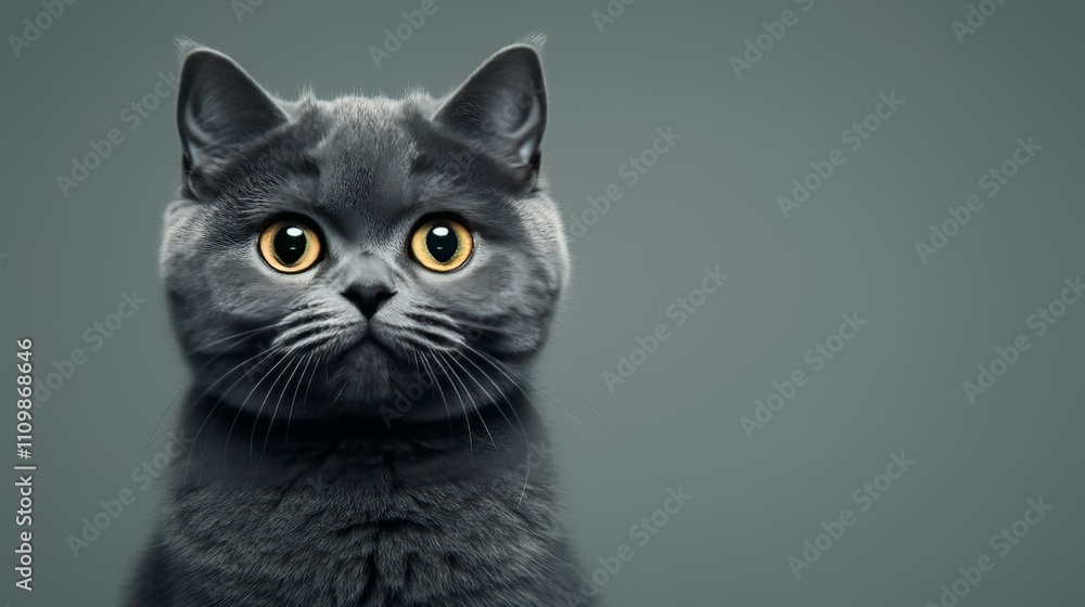 Close-up portrait of a gray cat with bright yellow eyes against a muted gray background. Close-up portrait of a gray cat with bright yellow eyes against a muted gray background.