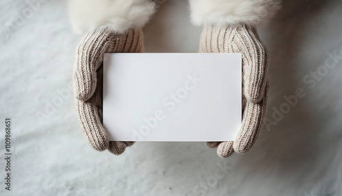 Two hands in knit gloves or mittens holding a blank white card 5x7 A2 A7 greeting card for christmas or winter holiday envelope stationery for graphic design mockup