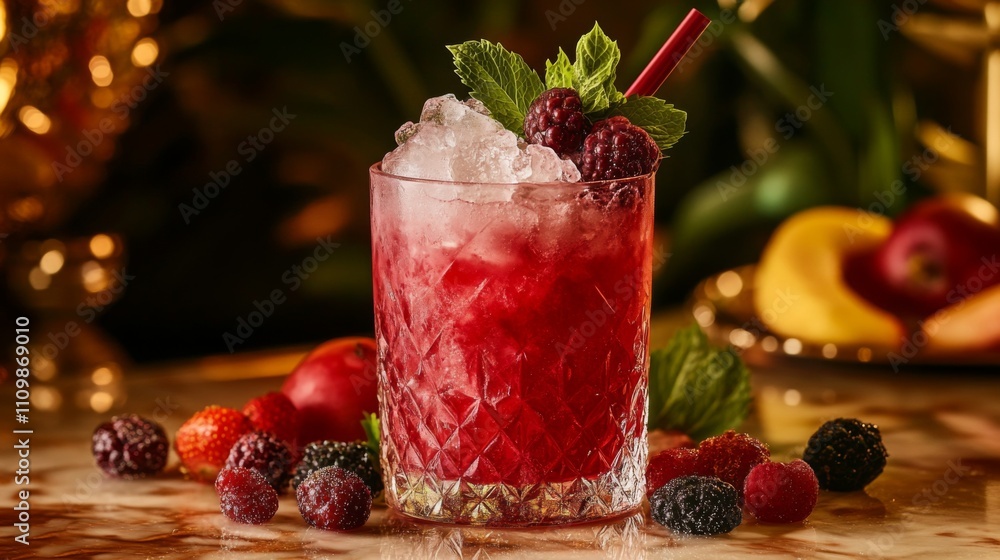 Refreshing Raspberry Mint Cocktail with Ice and Fresh Berries Refreshing Raspberry Mint Cocktail with Ice and Fresh Berries
