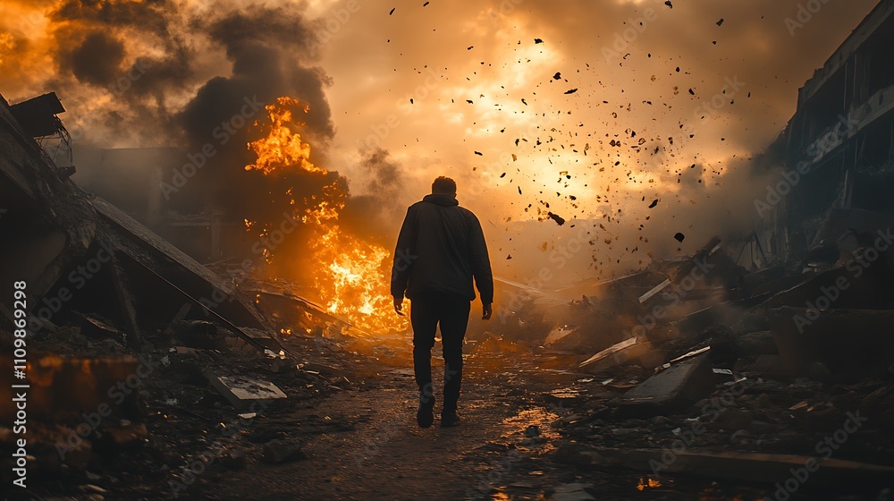 Fototapeta premium Man walks away from burning buildings and destruction.
