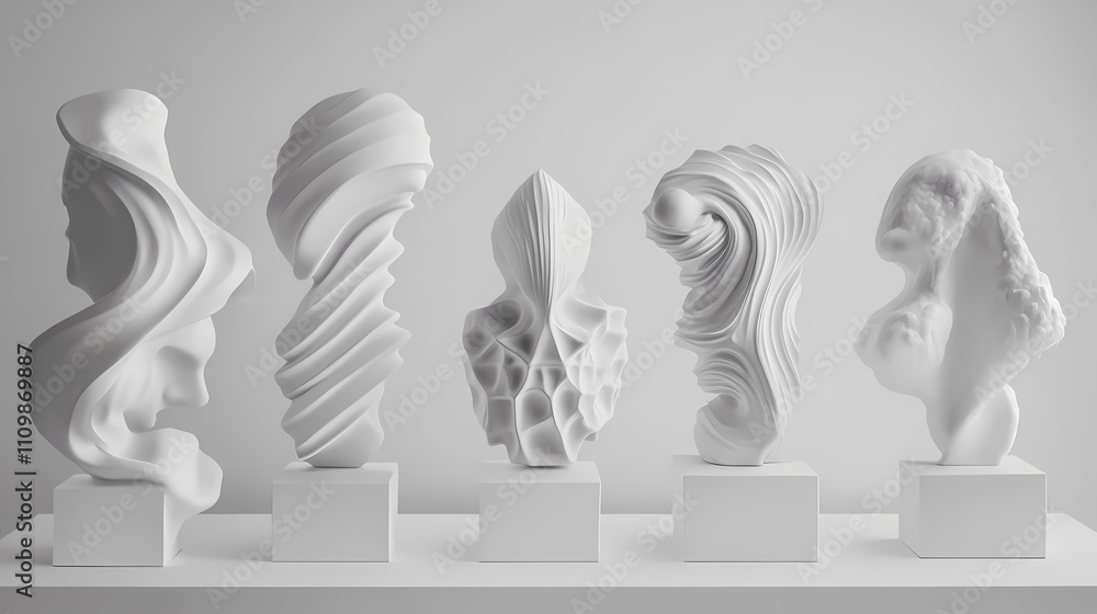 Fototapeta premium Collection of white sculptural figures displayed. Sculptural. Illustration