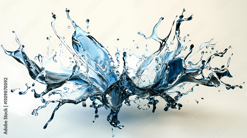 Dynamic splash of sapphire blue water frozen in time against a stark white background droplets and tendrils create a sculptural abstract form. Sculptural. Illustration Dynamic splash of sapphire blue water frozen in time against a stark white background droplets and tendrils create a sculptural abstract form. Sculptural. Illustration