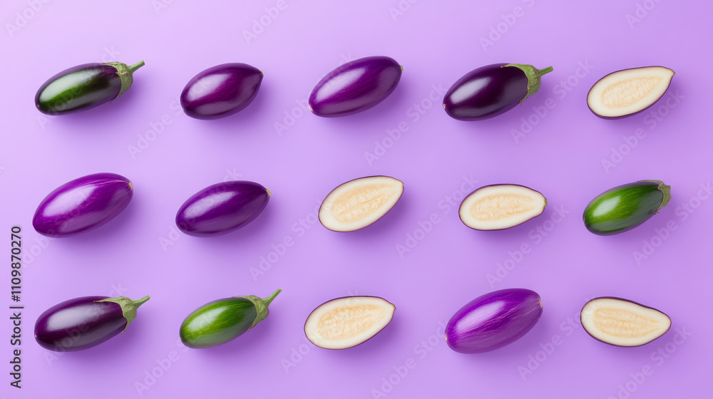 Fresh eggplants arranged on purple background, showcasing their vibrant colors and textures. image captures whole and sliced varieties, emphasizing their culinary appeal Fresh eggplants arranged on purple background, showcasing their vibrant colors and textures. image captures whole and sliced varieties, emphasizing their culinary appeal