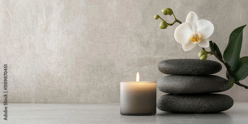 Calming spa-inspired photo of a stack of black rocks with an orchid, green leaves, and a lit candle, set against a soft gray background for relaxation and wellness themes.
