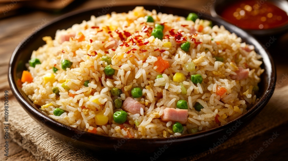 Delicious Fried Rice with Colorful Vegetables and Meat Garnish Delicious Fried Rice with Colorful Vegetables and Meat Garnish