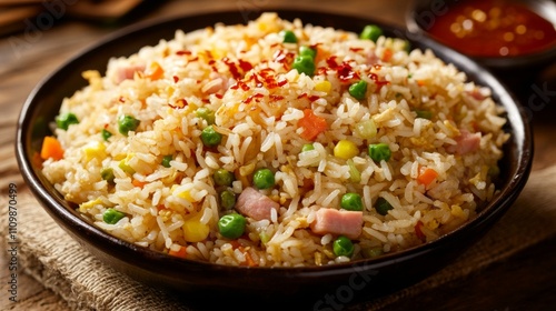 Delicious Fried Rice with Colorful Vegetables and Meat Garnish