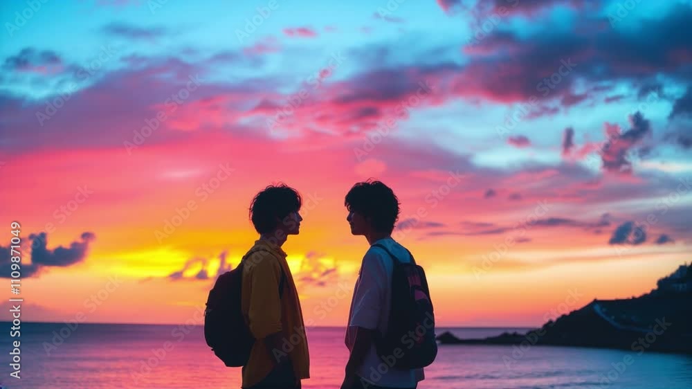 Silhouette of Casual Men Enjoying Sunset by Vibrant Sea Silhouette of Casual Men Enjoying Sunset by Vibrant Sea