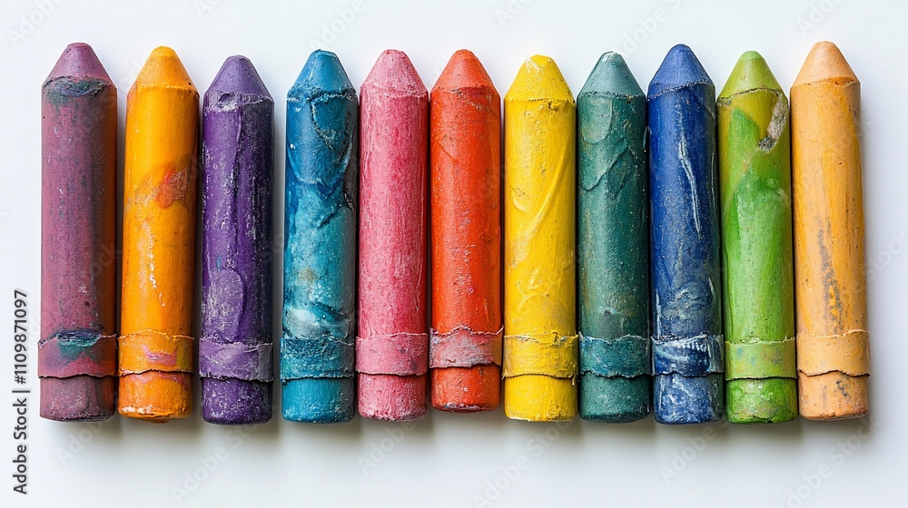 Well-used colorful crayons arranged in a row on white background. Well-used colorful crayons arranged in a row on white background.
