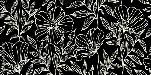 Leaves branch and Hand Drawn doodle Scribble floral plants banner, seamless pattern. Creative minimalist Abstract art background. Design wall decoration, postcard, poster or brochure