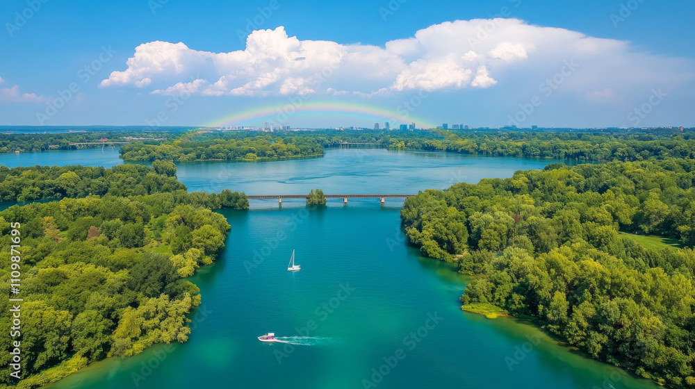 Fototapeta premium Aerial view of serene lake surrounded by lush greenery and rainbow. sailboat glides across water, creating peaceful and picturesque scene