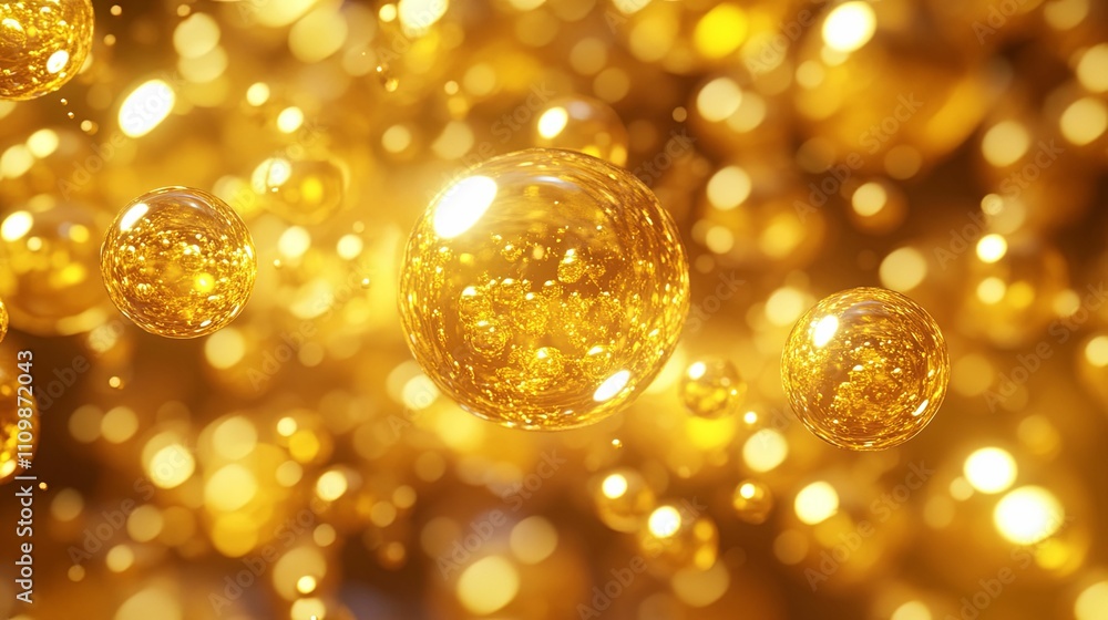 Golden Spheres Float in Amber Liquid Light Golden Spheres Float in Amber Liquid Light