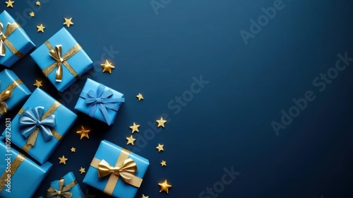 Festive Christmas Banner: Blue Gift Boxes with Golden Accents for Online Store Promotion
