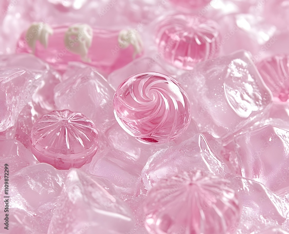A close-up of pink candies and ice, creating a playful and refreshing aesthetic.
