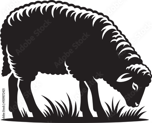 A sheep grazing on grass with a focused expression vector silhouette