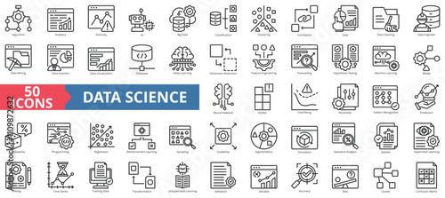 Data science icon collection set. Contain machine learning, analytics, anomaly, ai, big data, classification, correlation, data cleaning, engineer, data mining, scientist, visualization, visualization