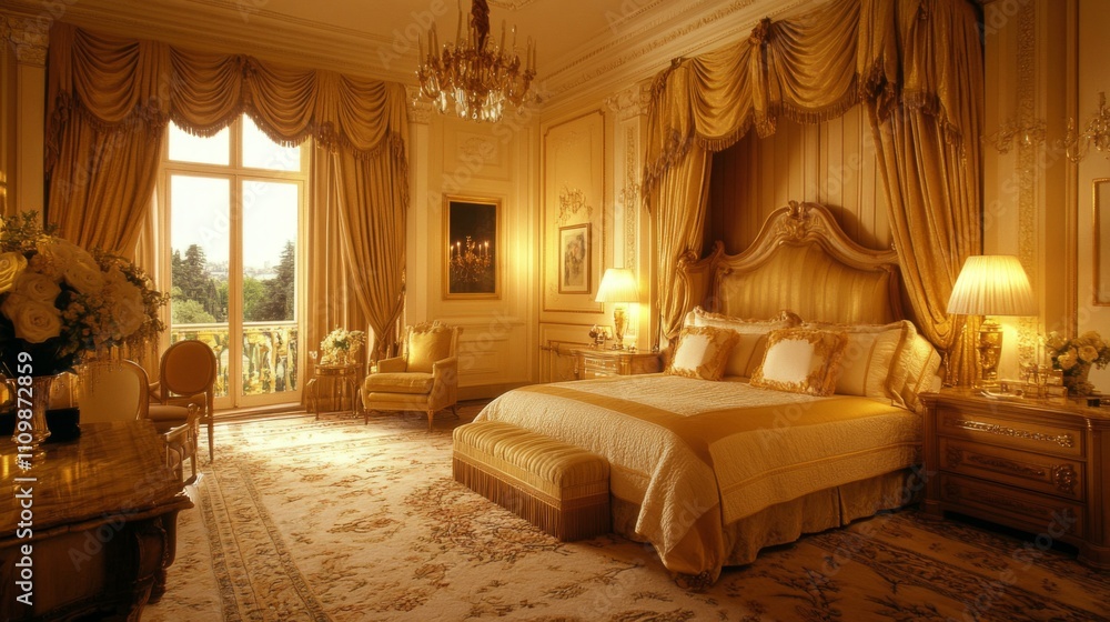 Fototapeta premium Luxurious Golden Bedroom Interior with Elegant Decor and Lighting