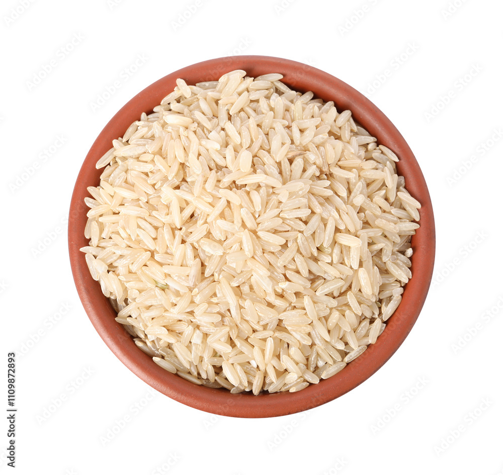 Raw rice in bowl isolated on white, top view Raw rice in bowl isolated on white, top view